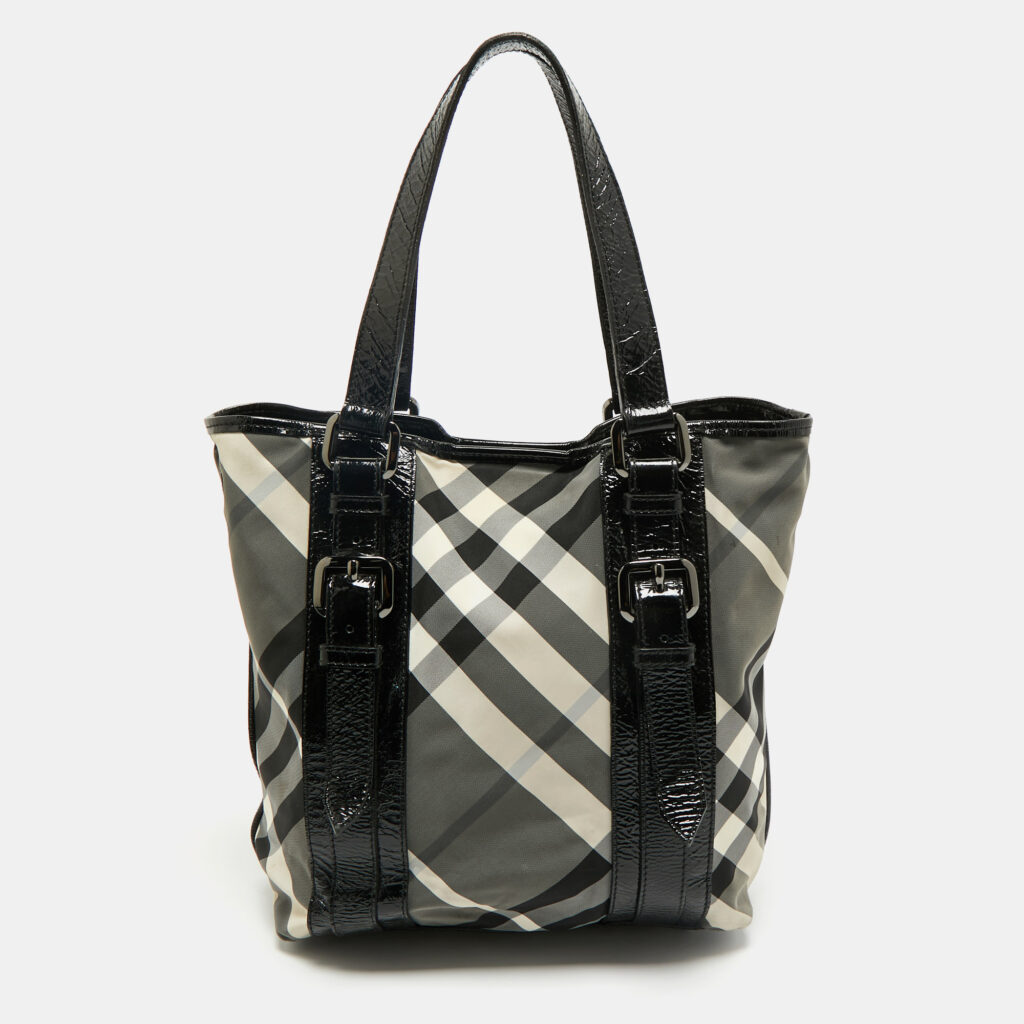 Burberry Black Beat Check Nylon And Patent Leather Small Lowry Tote Burberry Black Beat Check Nylon And Patent Leather Small Lowry Tote