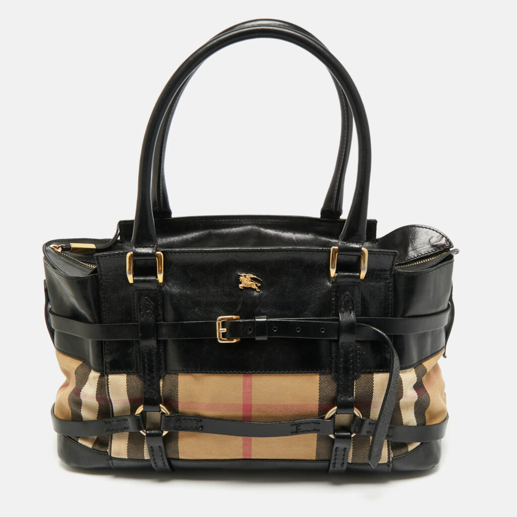 Burberry Black/Beige House Check Canvas and Leather Bridle Kent Tote Burberry Black/Beige House Check Canvas and Leather Bridle Kent Tote