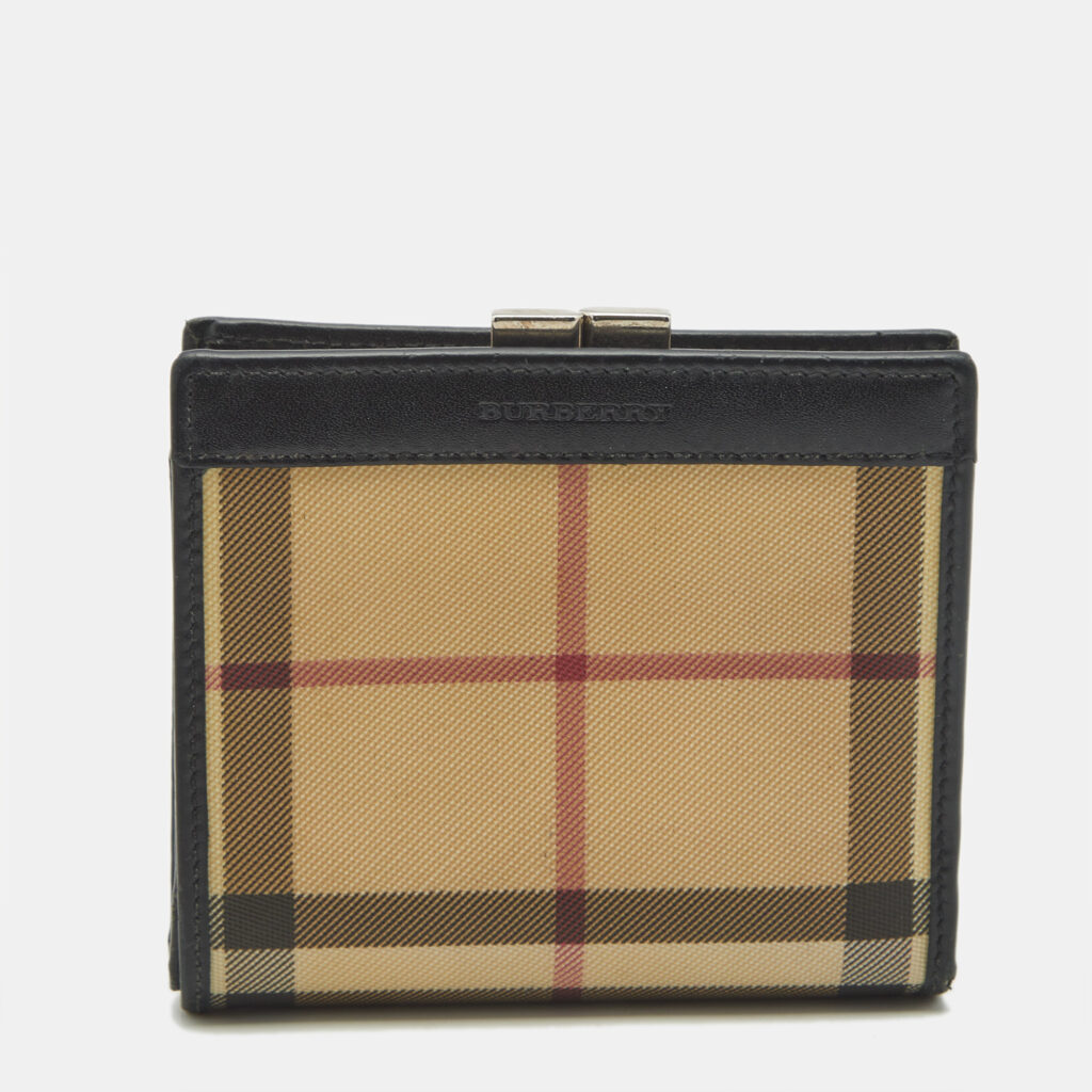 Burberry Beige/Black Housecheck Coated Canvas and Leather Kiss Lock Compact Wallet Burberry Beige/Black Housecheck Coated Canvas and Leather Kiss Lock Compact Wallet