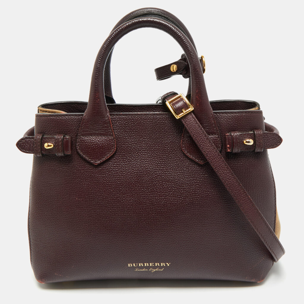 Burberry Burgundy/Beige Leather and House Check Canvas Small Banner Tote