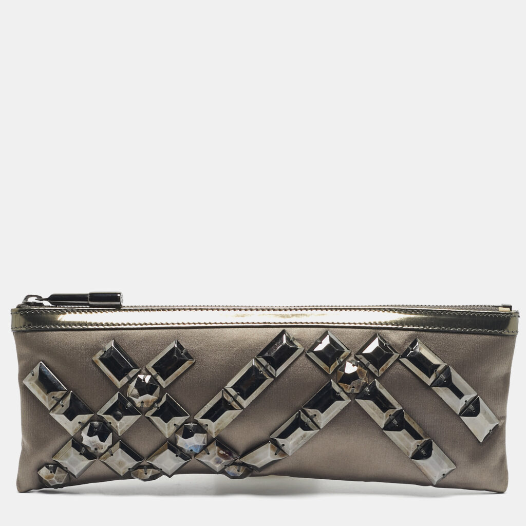 Burberry Dark Grey Satin Crystal Embellished Top Zip Clutch