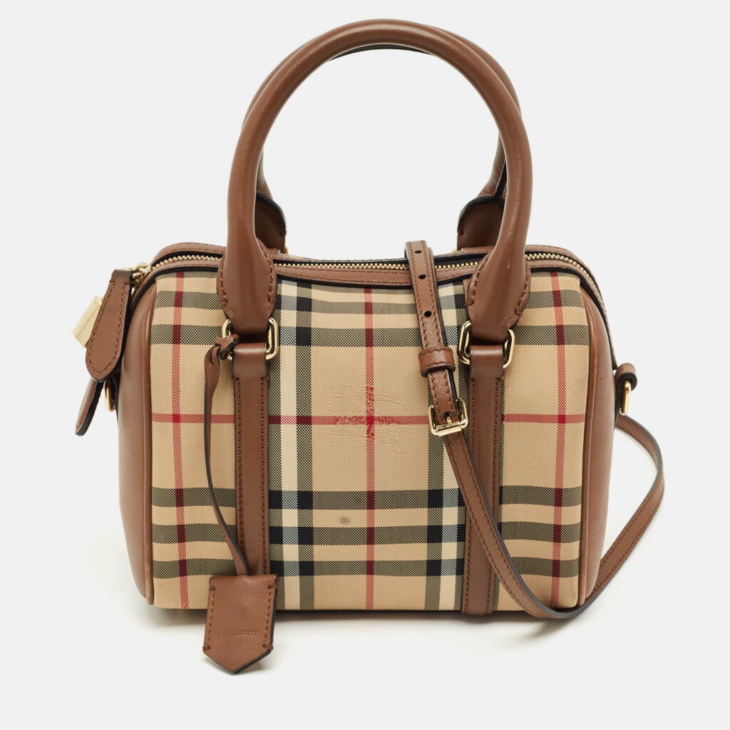 Burberry Beige/Brown Haymarket Fabric and Leather Mini Bowler Bag Burberry Beige/Brown Haymarket Fabric and Leather Mini Bowler Bag