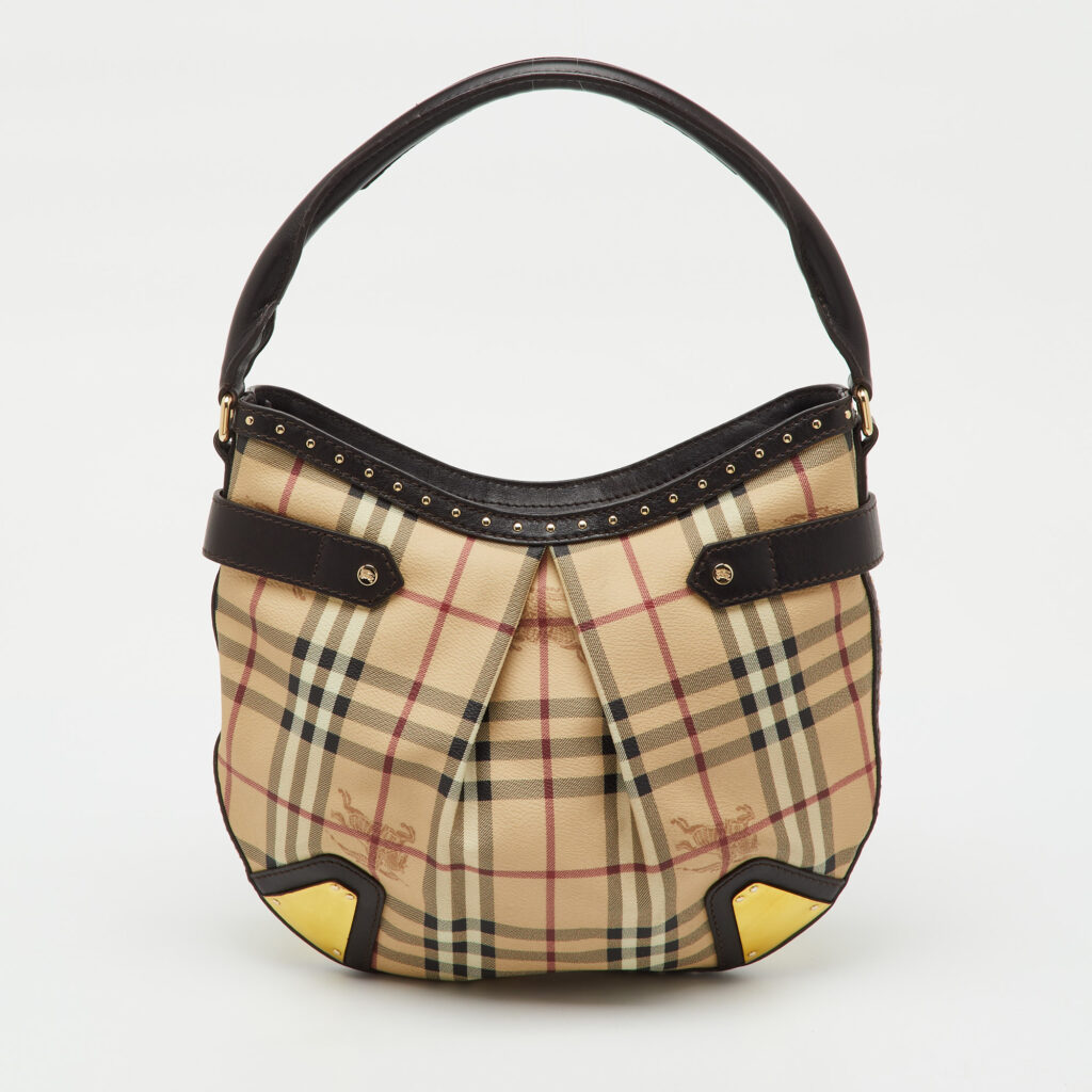 Burberry Brown/Beige Haymarket PVC and Leather Studded Hartley Hobo