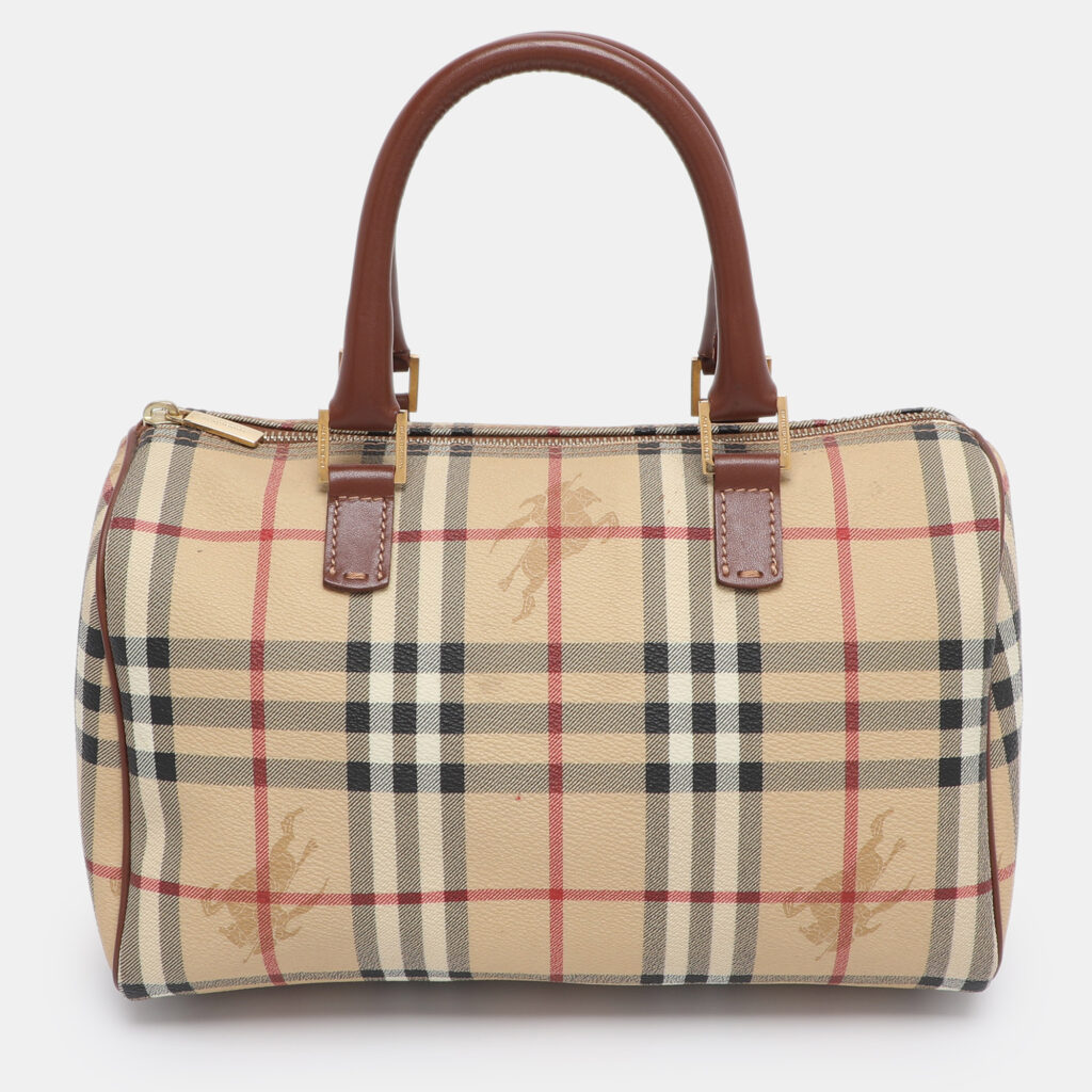 Burberry Beige/Brown Haymarket Check PVC and Leather Chester Boston Bag