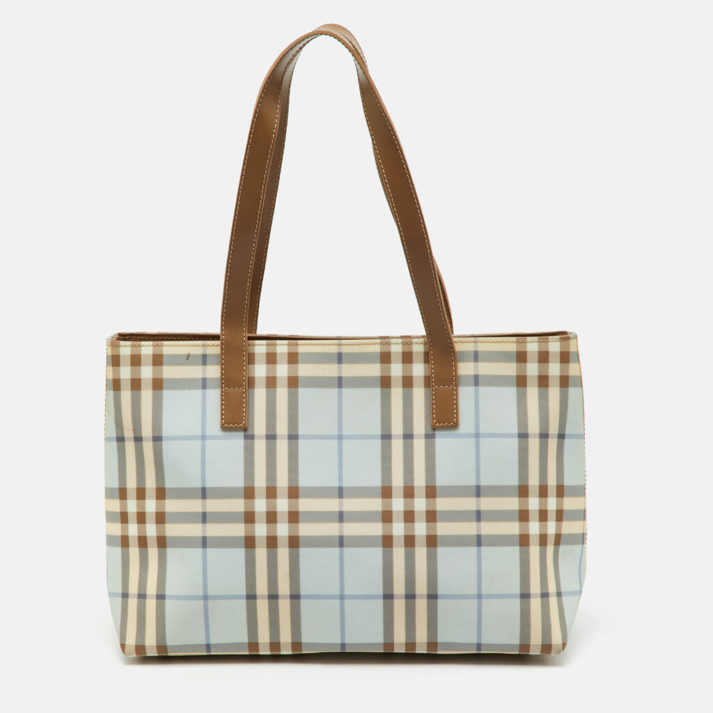 Burberry Light Blue/Brown Nova Check PVC and Leather Zip Tote Burberry Light Blue/Brown Nova Check PVC and Leather Zip Tote