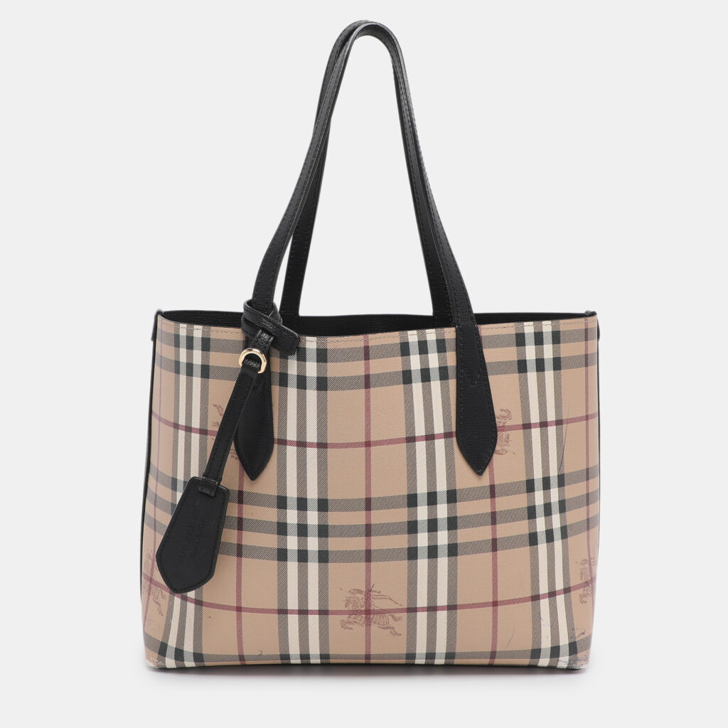 Burberry Beige/Black Haymarket Check PVC and Leather Lavenby Reversible Tote Burberry Beige/Black Haymarket Check PVC and Leather Lavenby Reversible Tote