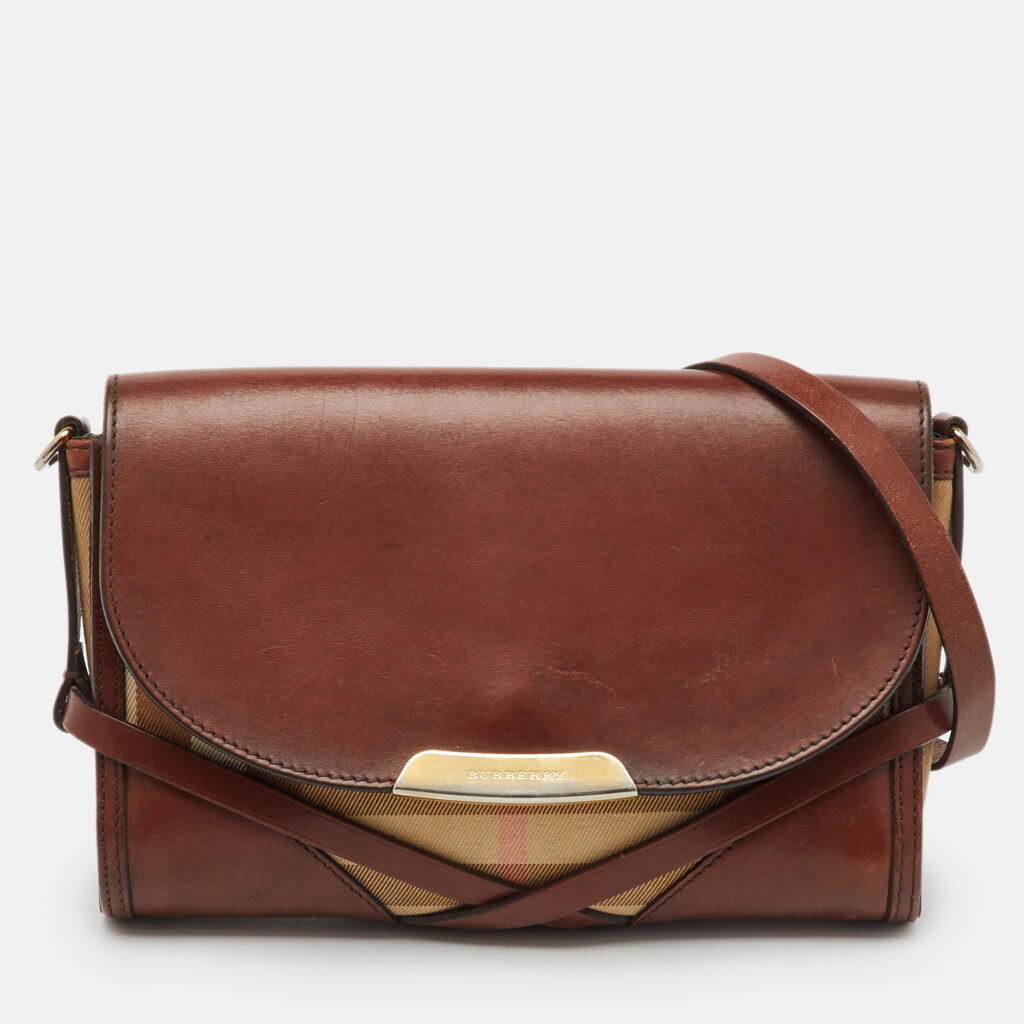 Burberry Brown/Beige Leather and Nova Check Canvas Abbott Crossbody Bag Burberry Brown/Beige Leather and Nova Check Canvas Abbott Crossbody Bag