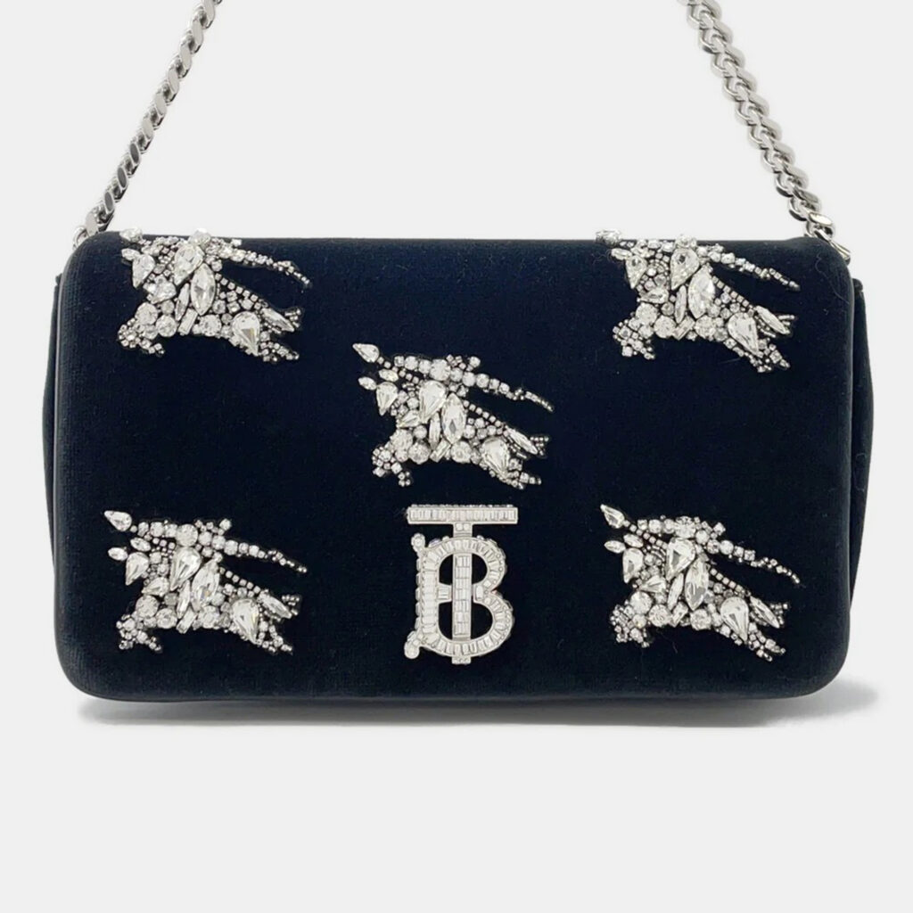 Burberry Lola Bag TB Logo Crystal Bag Black Velvet Rhinestone Burberry Lola Bag TB Logo Crystal Bag Black Velvet Rhinestone
