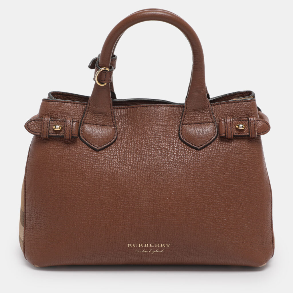 Burberry Brown/Beige House Check Fabric and Leather Small Banner Tote Burberry Brown/Beige House Check Fabric and Leather Small Banner Tote