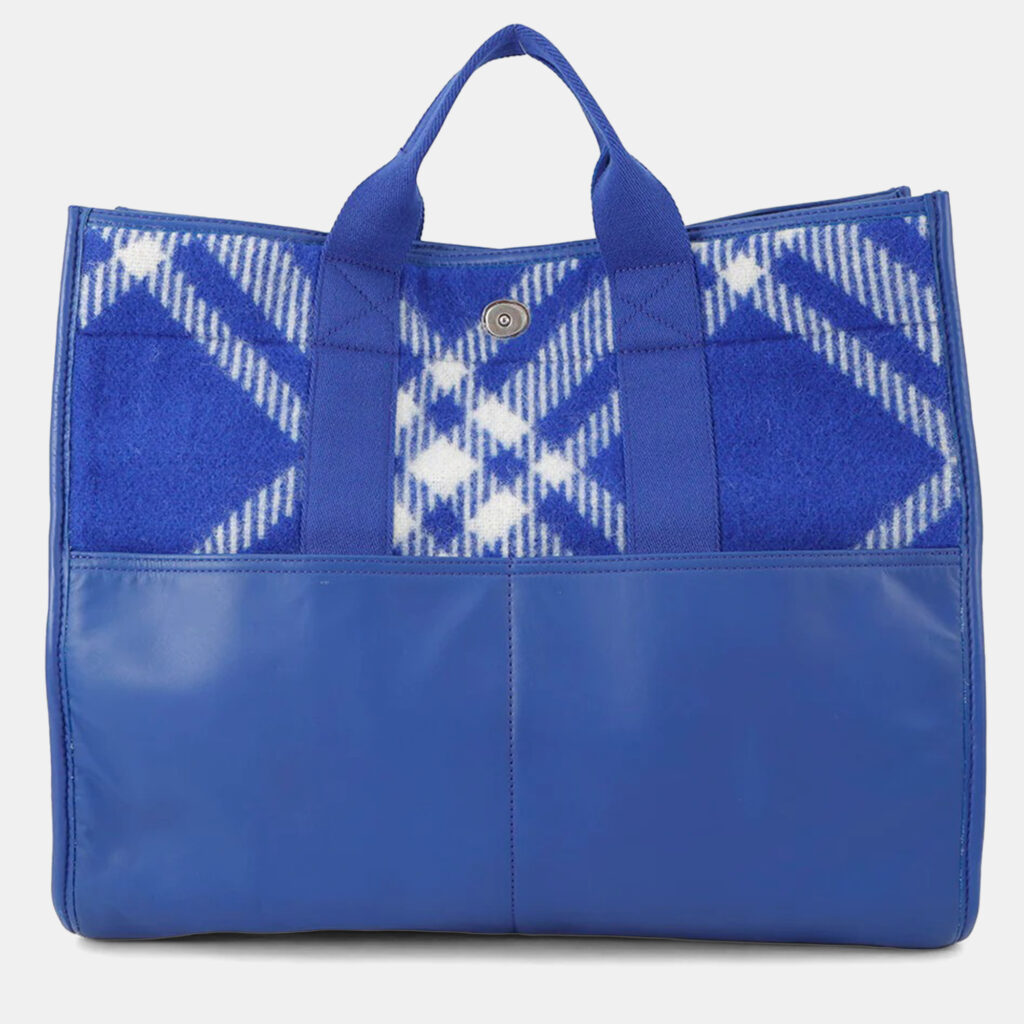 Burberry Check Blue Wool Leather Shopper Tote Bag Burberry Check Blue Wool Leather Shopper Tote Bag