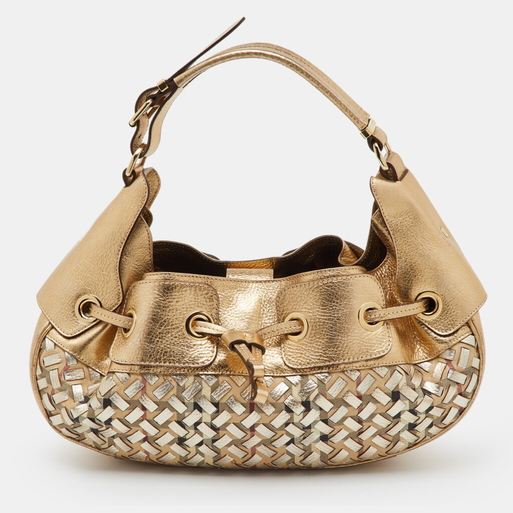 Burberry Gold/Beige Woven Leather and House Check Coated Canvas Warrior Hobo Burberry Gold/Beige Woven Leather and House Check Coated Canvas Warrior Hobo