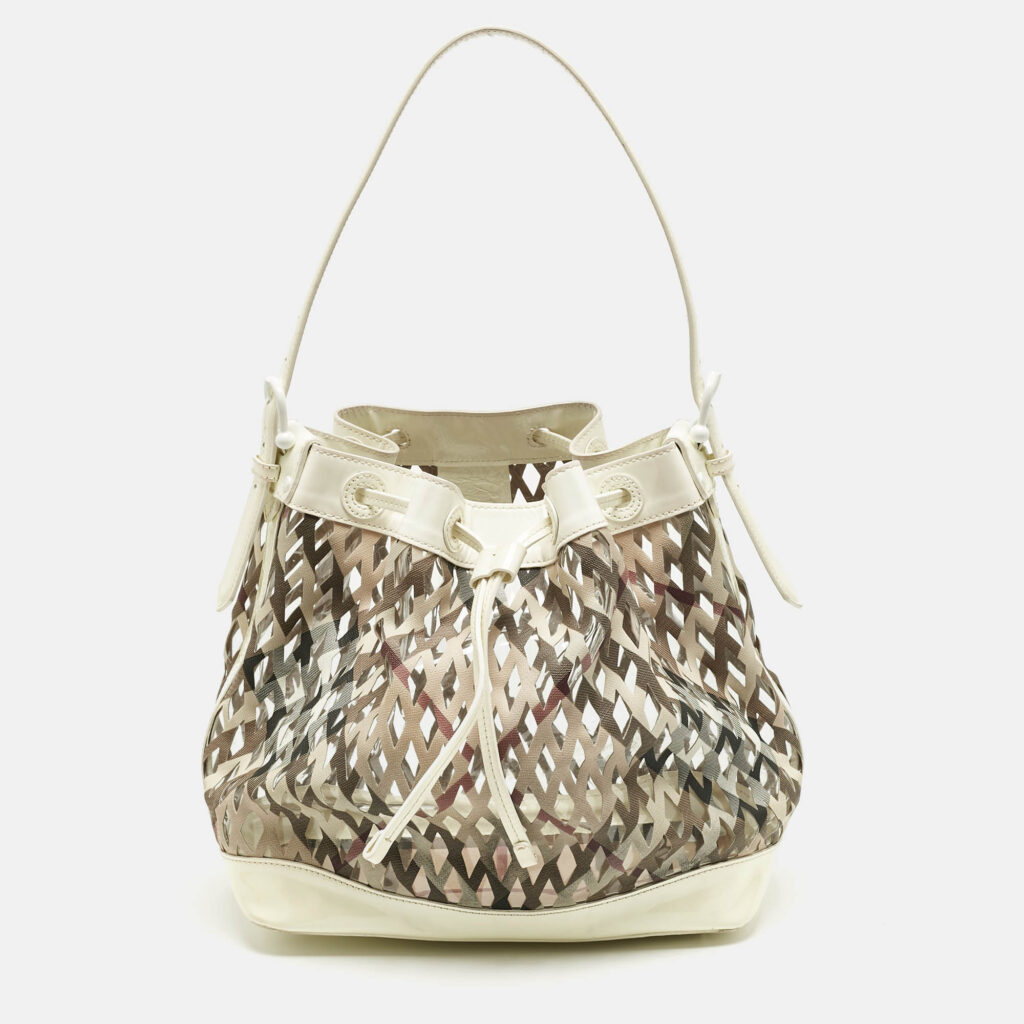 Burberry White/Beige Nova Check Laser Cut PVC and Patent Leather Drawstring Hobo Burberry White/Beige Nova Check Laser Cut PVC and Patent Leather Drawstring Hobo