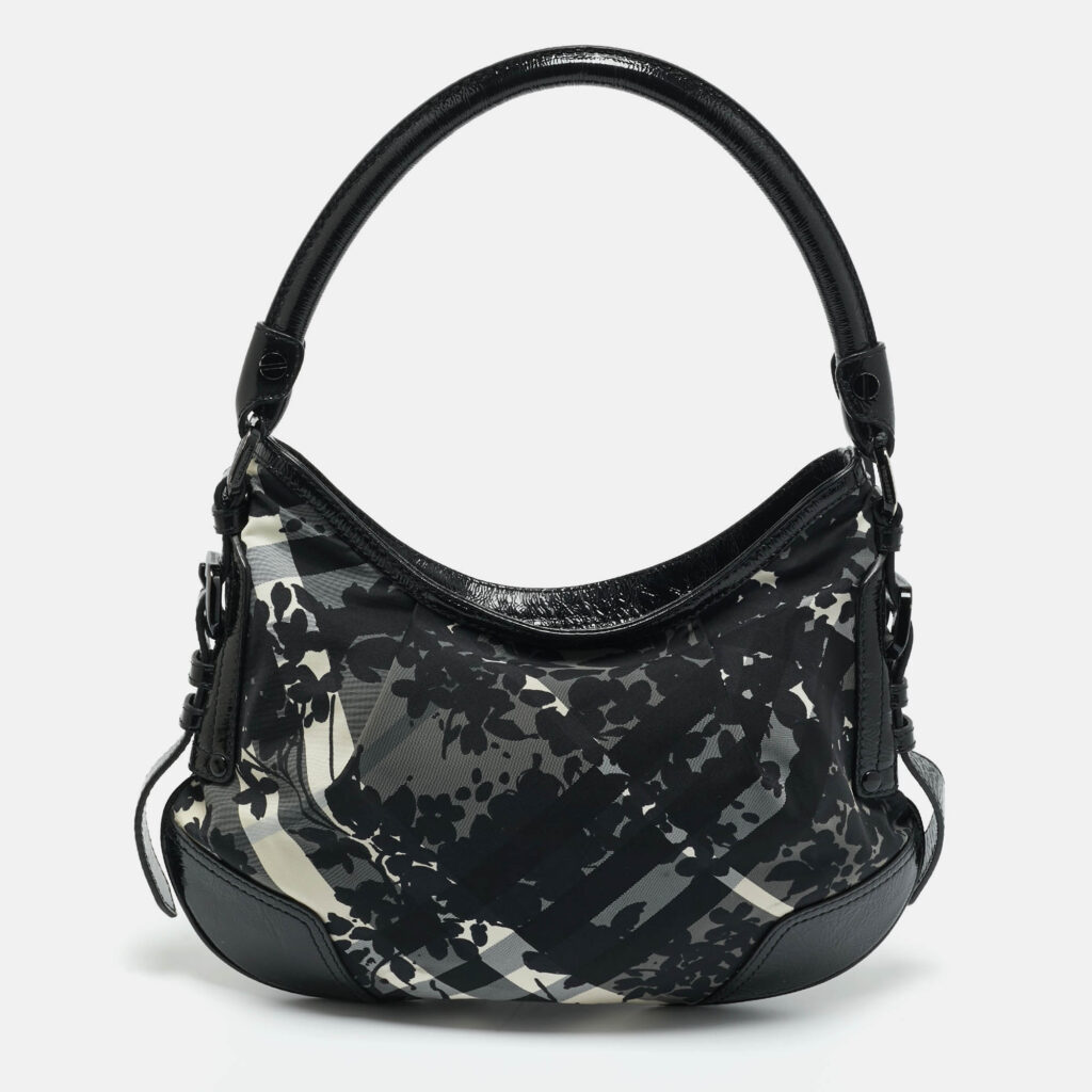 Burberry Black Floral Beatcheck Nylon and Patent Leather Small Foley Hobo