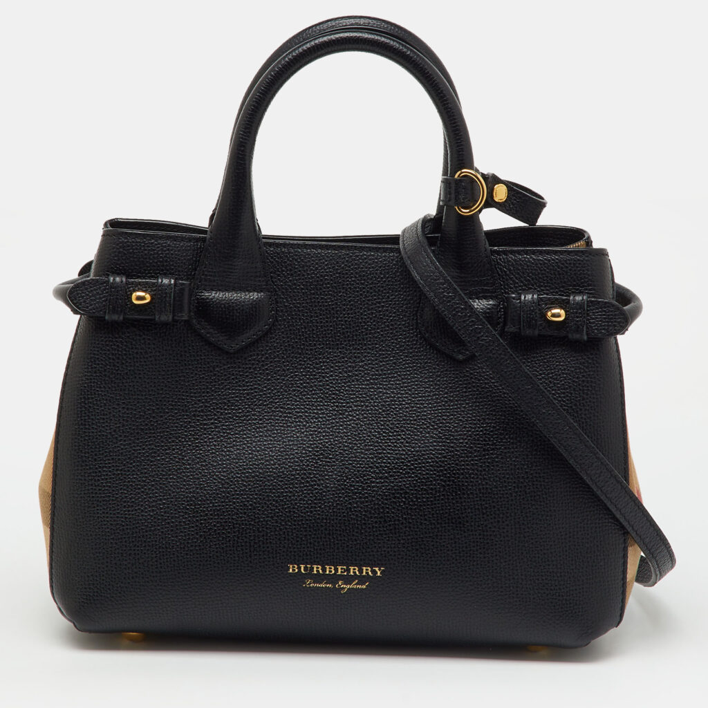 Burberry Black/Beige Leather and House Check Fabric Small Banner Tote
