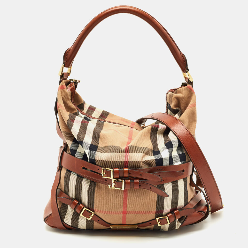 Burberry Brown/Beige House Check Fabric and Leather Medium Bridle Gosford Hobo