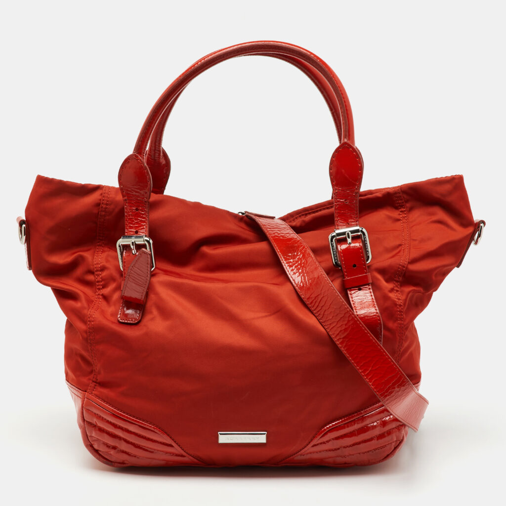 Burberry Orange Nylon and Patent Leather Buckle Handle Tote Burberry Orange Nylon and Patent Leather Buckle Handle Tote
