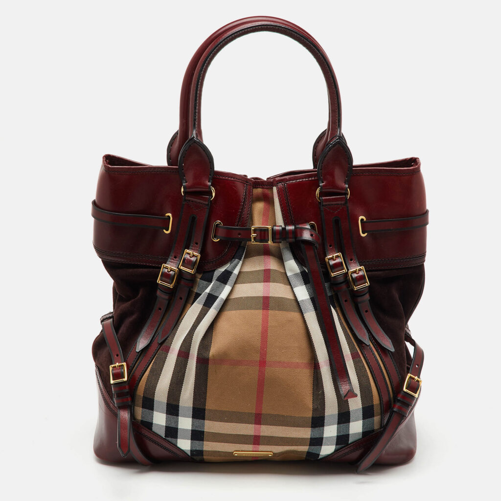 Burberry Beige/Burgundy House Check Canvas and Leather Bridle Whipstitch Tote Burberry Beige/Burgundy House Check Canvas and Leather Bridle Whipstitch Tote