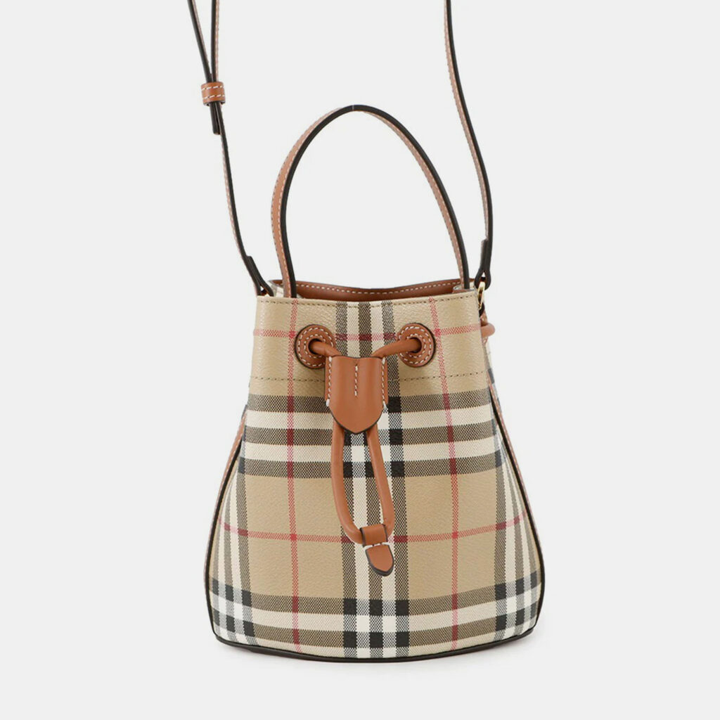 Burberry Checked Bucket Bag Archive Beige/Briar Brown Pvc Leather Size Mini