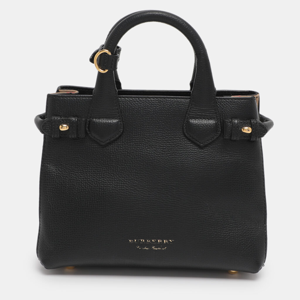 luxury-women-burberry-used-handbags-p1220442-001.jpg Burberry Black/Beige Leather and House Check Fabric Mini Banner Tote