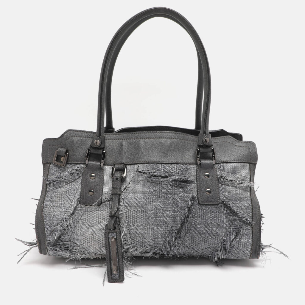 luxury-women-burberry-used-handbags-p1223404-031.jpg Burberry Grey Leather and Woven Patchwork Straw Satchel
