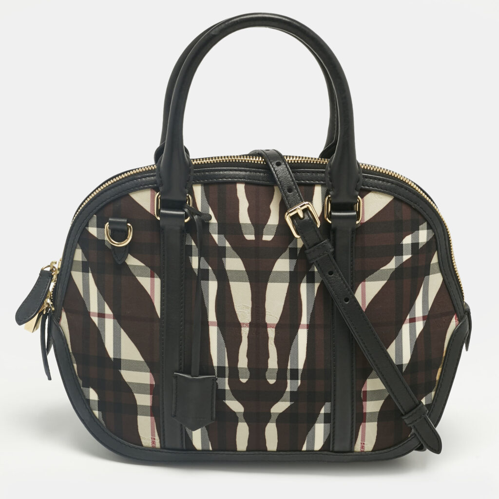 luxury-women-burberry-used-handbags-p1224466-015-1.jpg Burberry Black/Brown Zebra Print Haymarket Check Nylon and Leather Orchard Bowler Bag