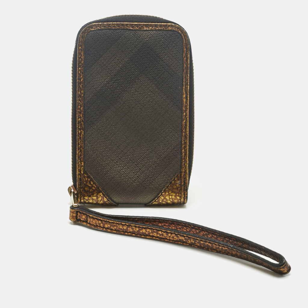 Burberry Gold/Brown Smoke Check Coated Canvas Zip Wristlet Pouch