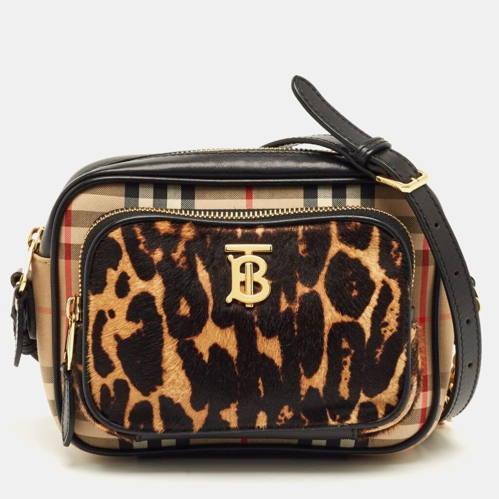 Burberry Brown/Black Leopard Print Calfhair and House Check Fabric TB Camera Bag Burberry Brown/Black Leopard Print Calfhair and House Check Fabric TB Camera Bag