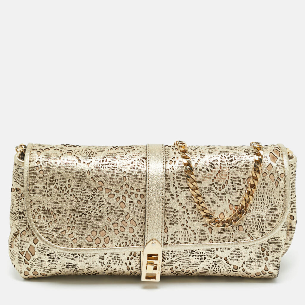 Burberry Gold Laser Cut Leather Theia Chain Clutch Burberry Gold Laser Cut Leather Theia Chain Clutch