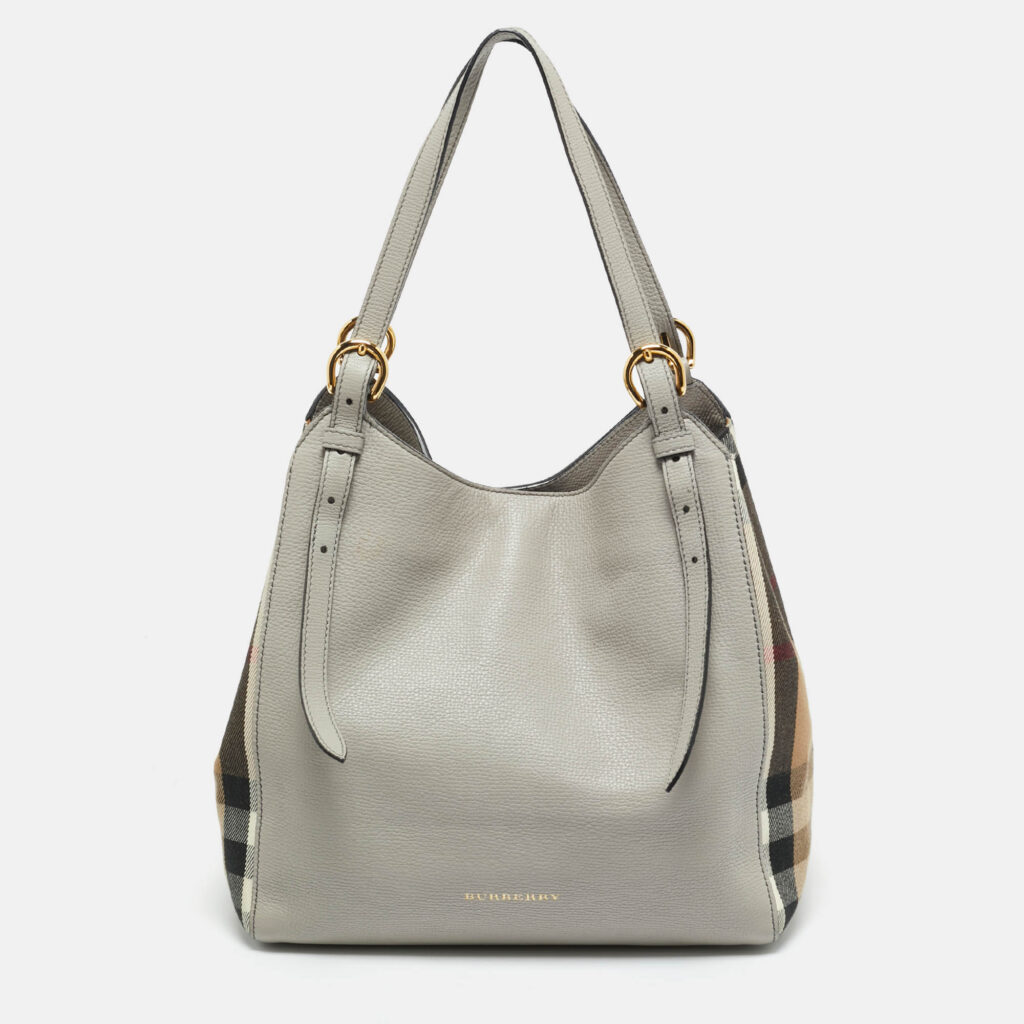 luxury-women-burberry-used-handbags-p1229387-012.jpg Burberry Grey/Beige House Check Canvas and Leather Canterbury Tote