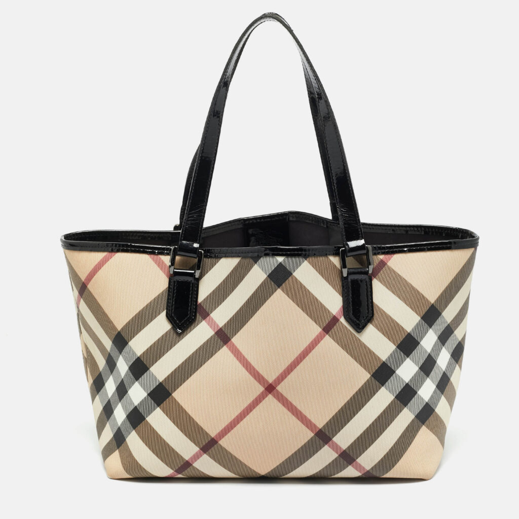 luxury-women-burberry-used-handbags-p1229389-012.jpg Burberry Beige/Black Supernova Check Coated Canvas and Patent Leather Nickie Tote