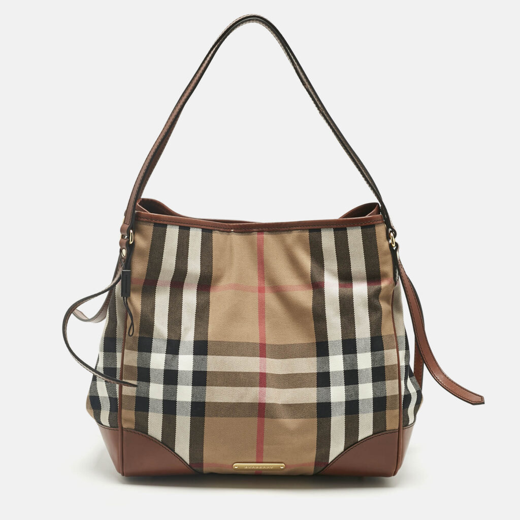 luxury-women-burberry-used-handbags-p1229661-018-1.jpg Burberry Brown/Beige House Check Canvas and Leather Canterbury Tote