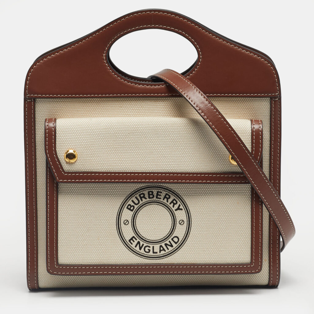 Burberry Brown/Cream Leather and Canvas Mini Pocket Tote Burberry Brown/Cream Leather and Canvas Mini Pocket Tote