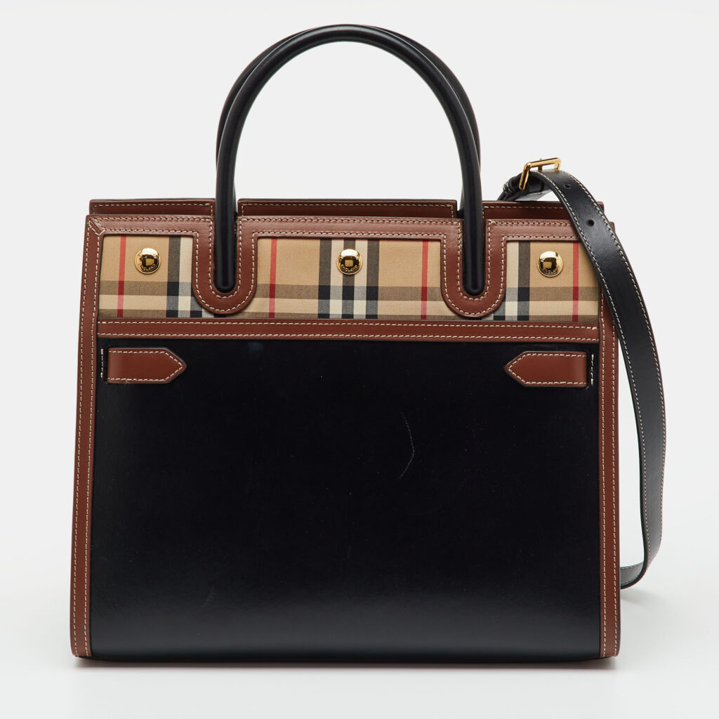 Burberry Black/Beige Housecheck Fabric and Leather Title Tote