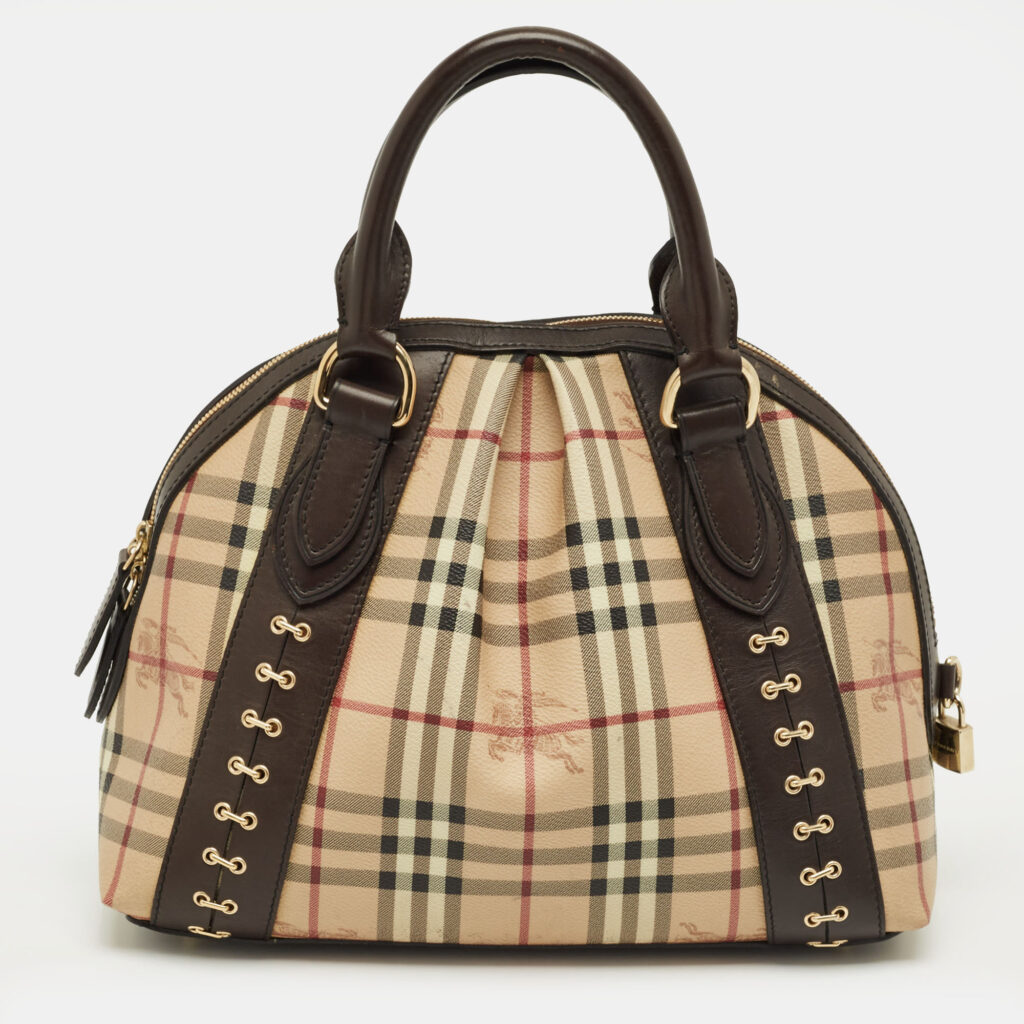 Burberry Brown/Beige Haymarket Check Coated Canvas and Leather Thornley Bag Burberry Brown/Beige Haymarket Check Coated Canvas and Leather Thornley Bag
