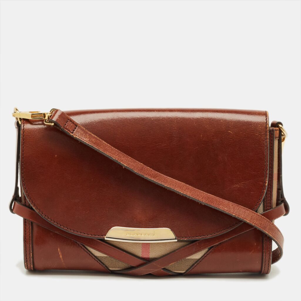 Burberry Brown/Beige House Check Fabric and Leather Abbott Shoulder Bag Burberry Brown/Beige House Check Fabric and Leather Abbott Shoulder Bag