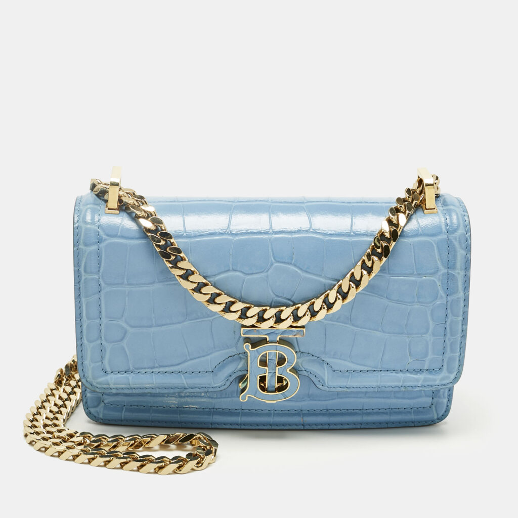 Burberry Light Blue Croc Embossed Leather TB Elongated Chain Bag Burberry Light Blue Croc Embossed Leather TB Elongated Chain Bag