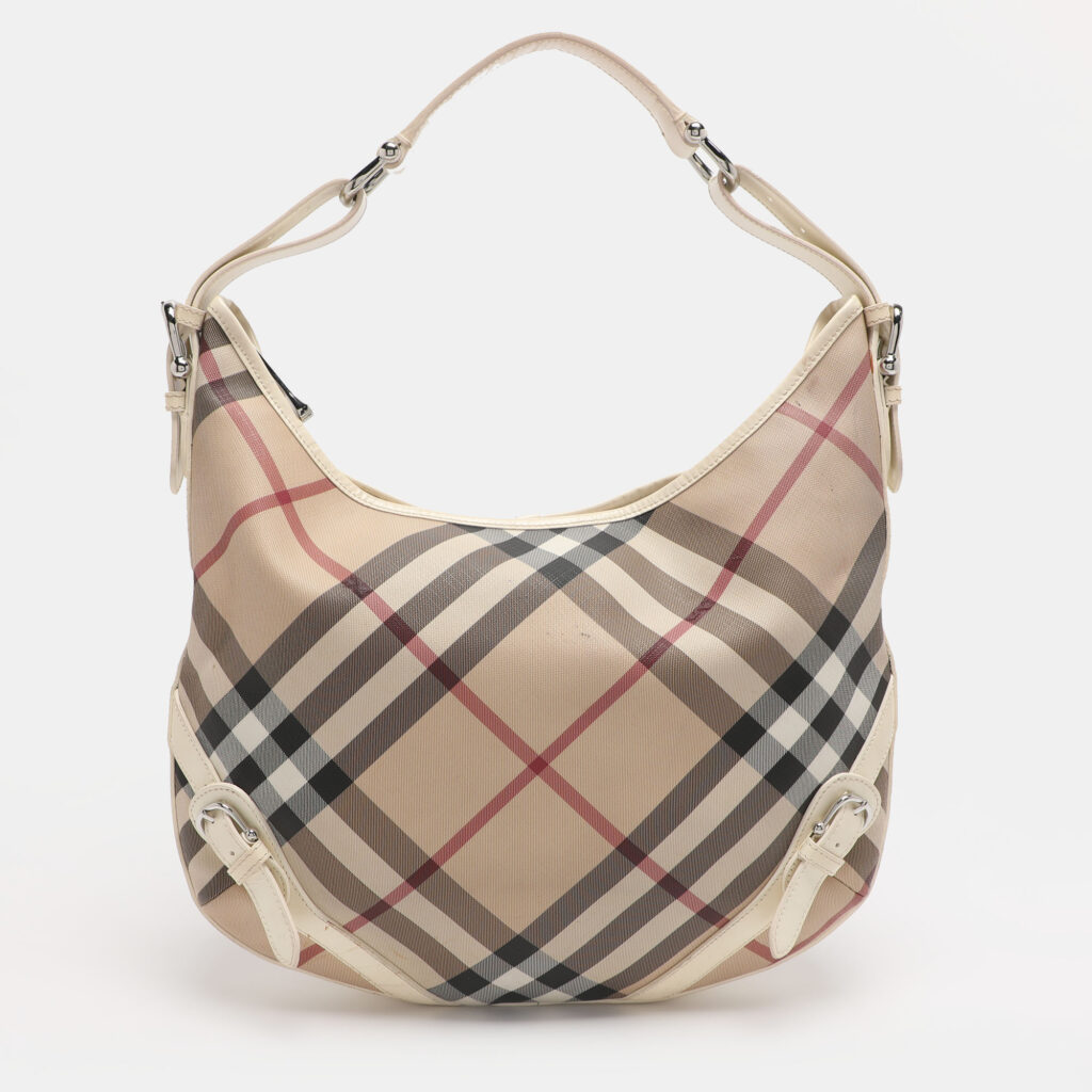 Burberry Beige/White Nova Check Coated Canvas and Patent Leather Barton Hobo