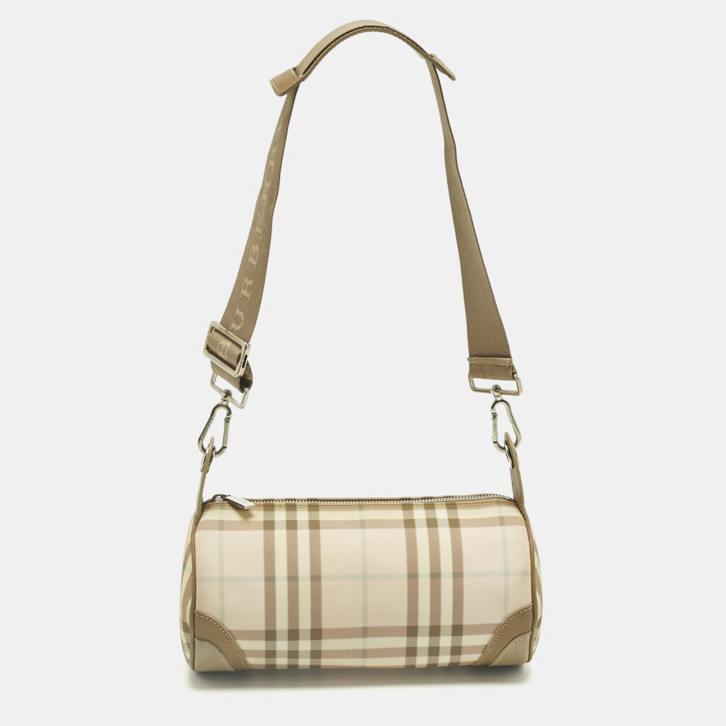Burberry Pink/Beige House Check Nylon and Leather Barrel Bag Burberry Pink/Beige House Check Nylon and Leather Barrel Bag