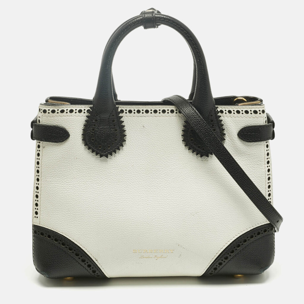 Burberry White/Black Leather and House Check Fabric Small Brogues Banner Tote Burberry White/Black Leather and House Check Fabric Small Brogues Banner Tote