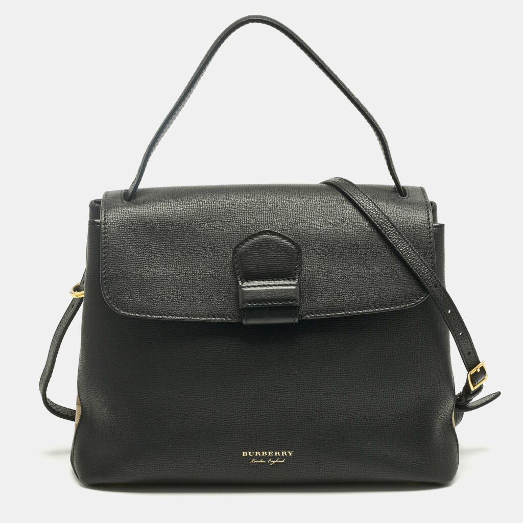 Burberry Black Leather and House Check Fabric Medium Camberley Top Handle Bag Burberry Black Leather and House Check Fabric Medium Camberley Top Handle Bag