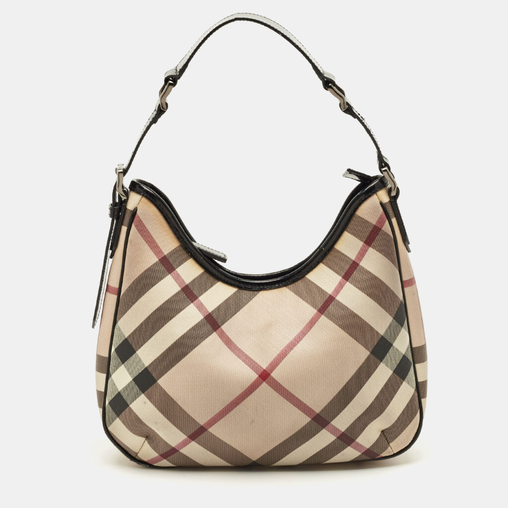 luxury-women-burberry-used-handbags-p1245617-007-1.jpg Burberry Beige/Black Nova Check PVC and Patent Leather Small Barton Hobo