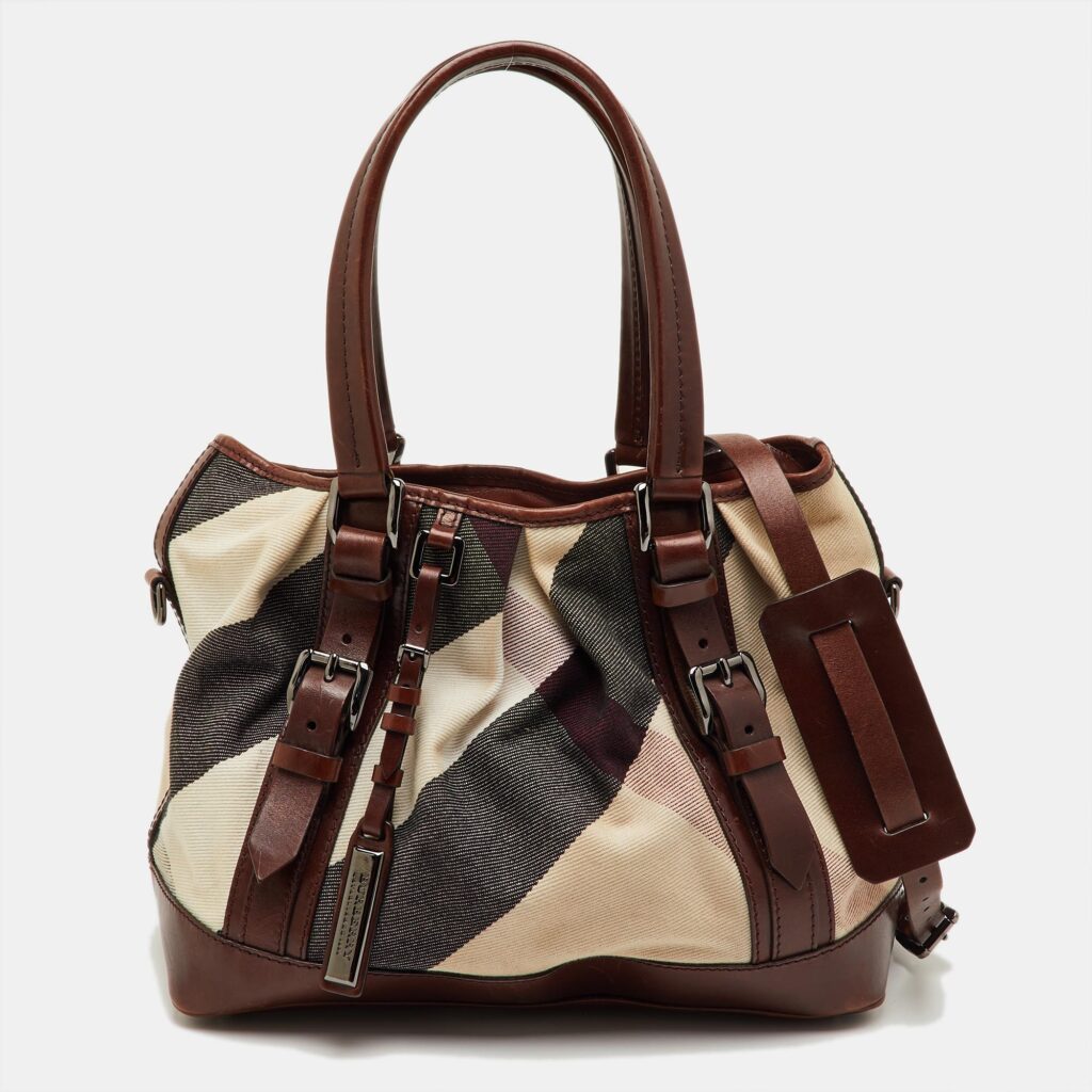 luxury-women-burberry-used-handbags-p1246109-001-1.jpg Burberry Brown/Beige Mega Check Canvas and Leather Lowry Tote