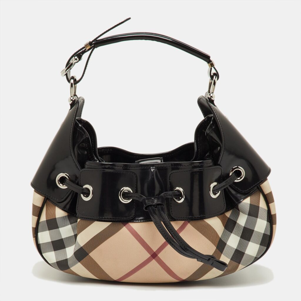 luxury-women-burberry-used-handbags-p1246274-001-1.jpg Burberry Beige/Black Nova Check PVC and Patent Leather Warrior Hobo