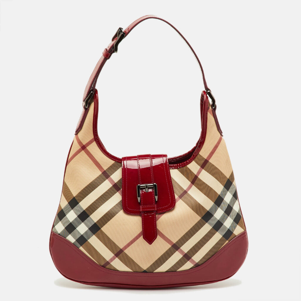 Burberry Beige/Burgundy Nova Check PVC and Patent Leather Brooke Hobo Burberry Beige/Burgundy Nova Check PVC and Patent Leather Brooke Hobo