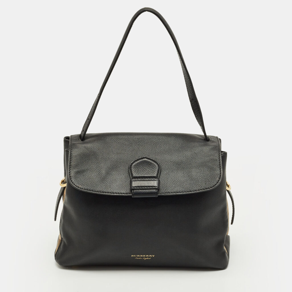 luxury-women-burberry-used-handbags-p1246720-001.jpg Burberry Camberley Black Leather and House Check Fabric Top Handle Bag