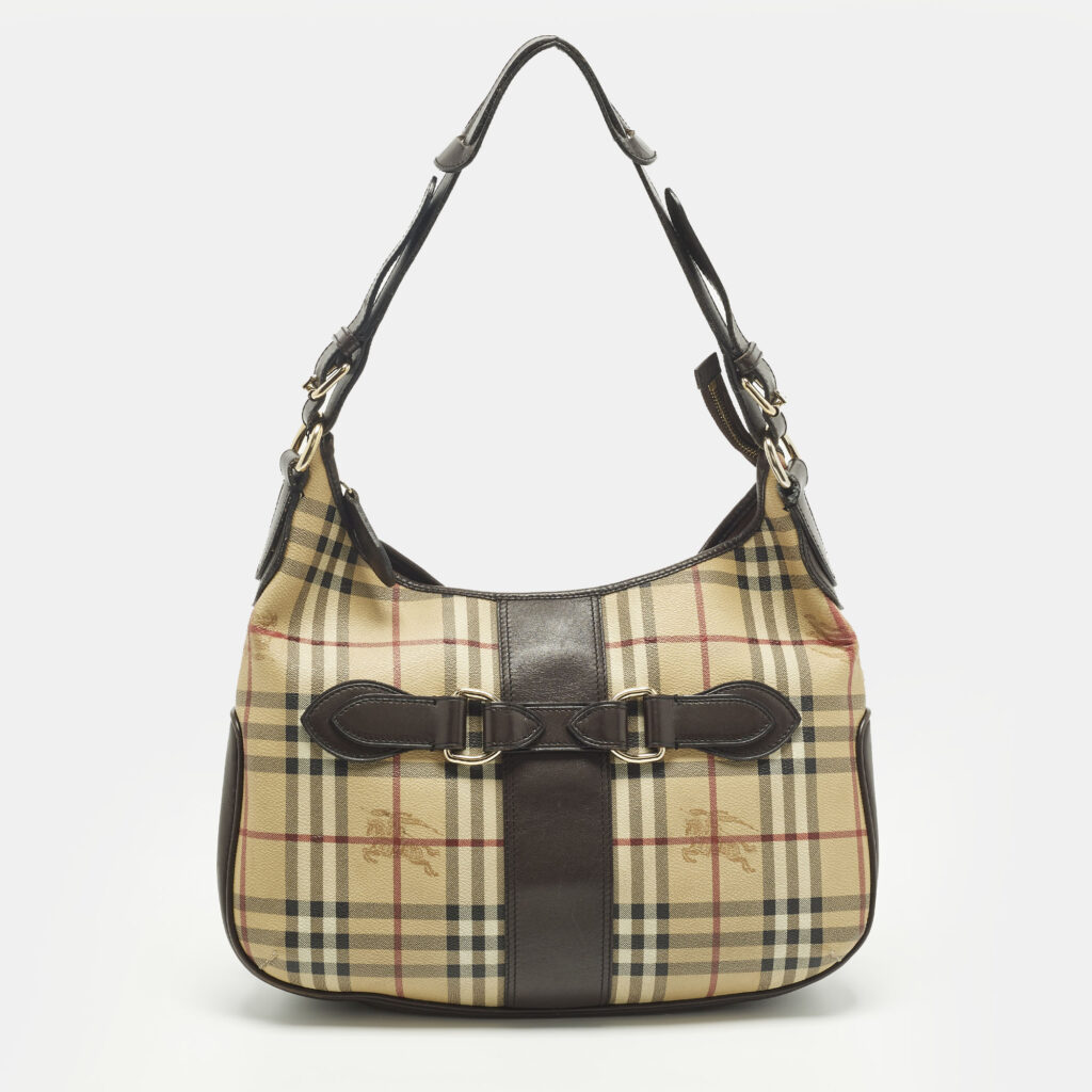 Burberry Dark Brown/Beige Haymarket Coated Canvas and Leather Hobo Burberry Dark Brown/Beige Haymarket Coated Canvas and Leather Hobo