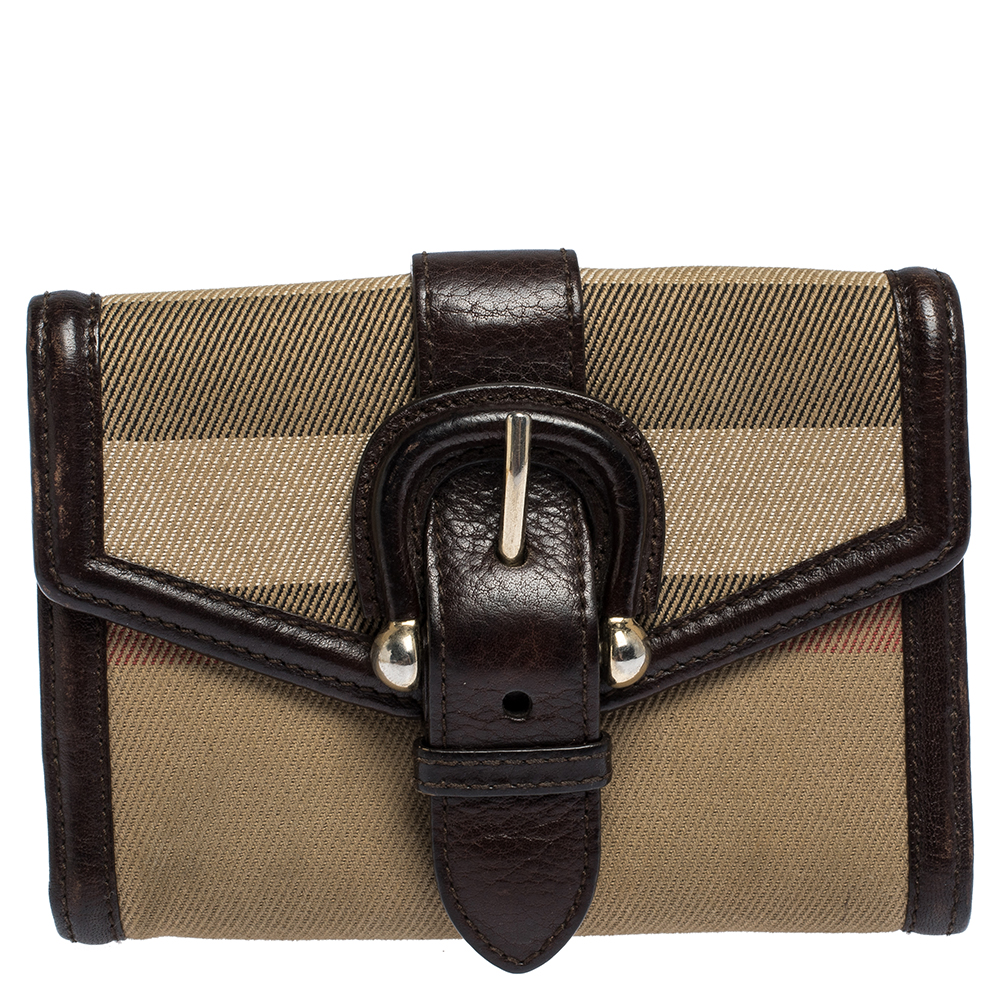 Burberry Brown/Beige Nova Check Canvas and Leather Buckle Compact Wallet Burberry Brown/Beige Nova Check Canvas and Leather Buckle Compact Wallet