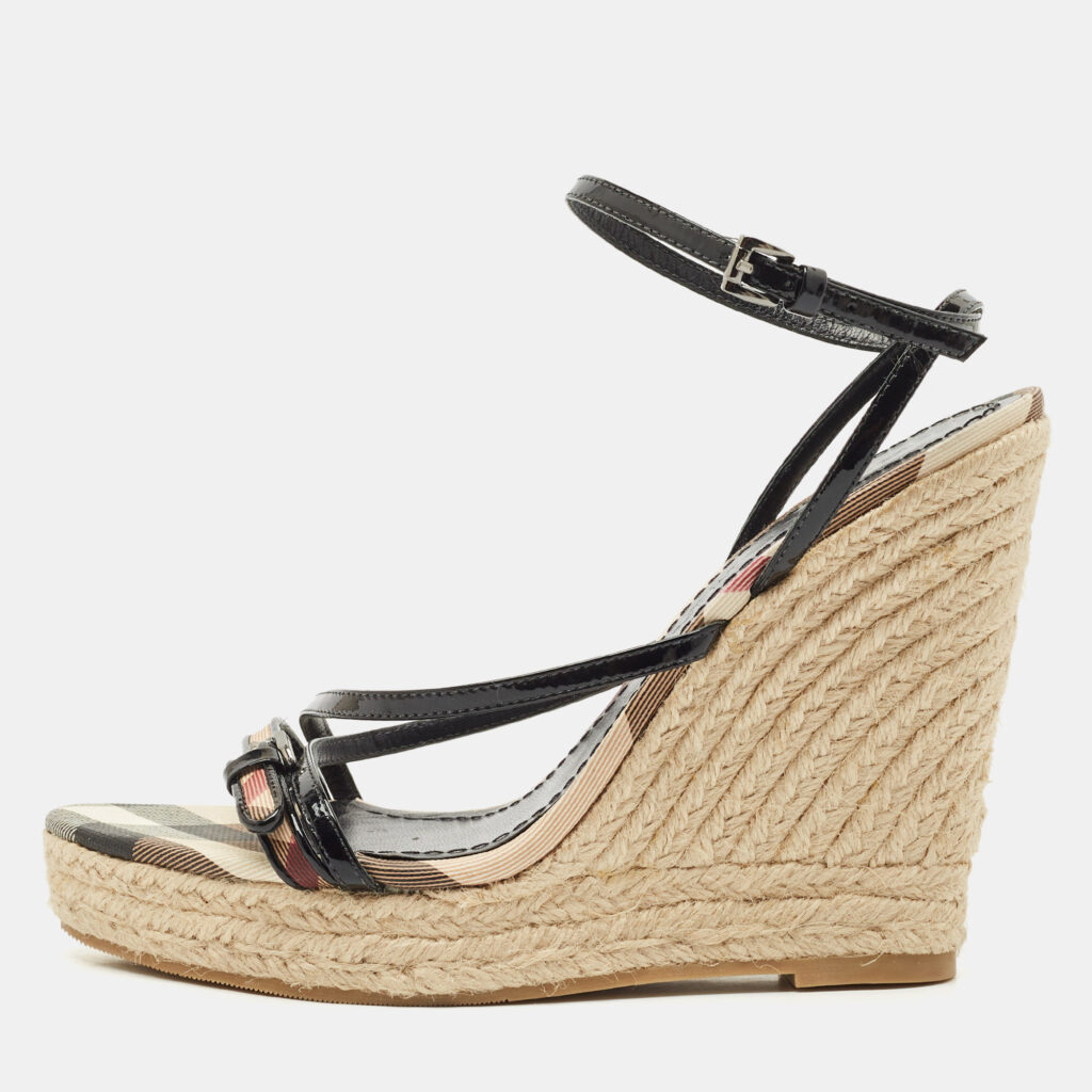 Burberry Beige/Black Check Patent Leather and Canvas Espadrille Wedge Sandals Size 38 Burberry Beige/Black Check Patent Leather and Canvas Espadrille Wedge Sandals Size 38