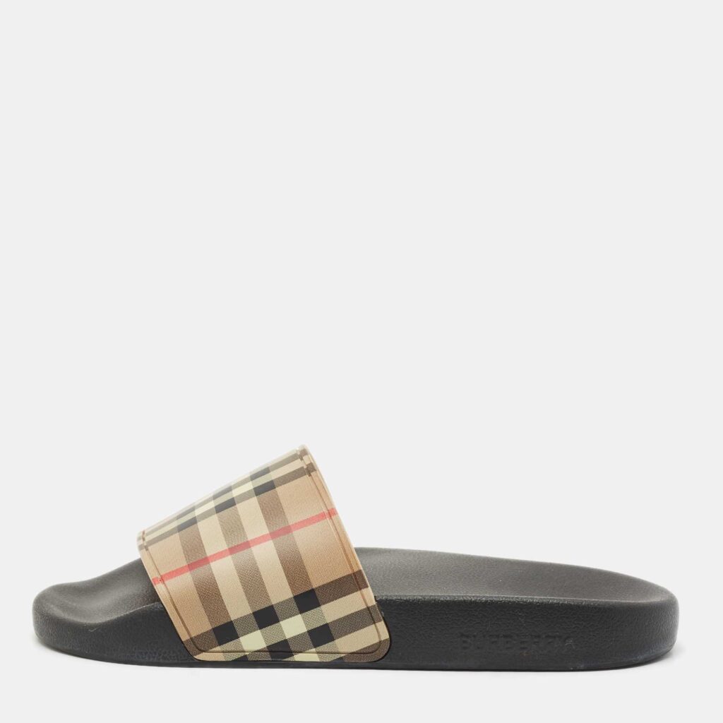 luxury-women-burberry-used-shoes-p1188958-003-1.jpg Burberry Beige/Black House Check Rubber Furley Flat Slides Size 38