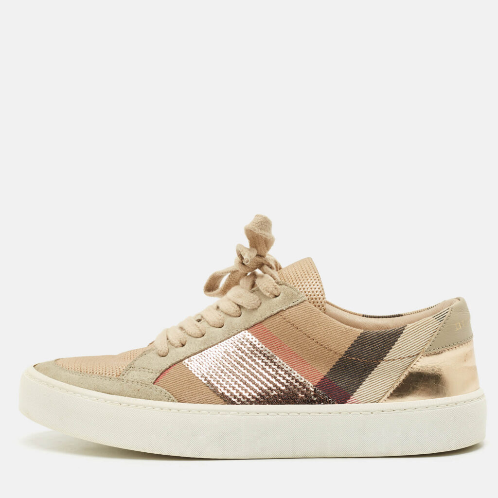 Burberry Beige/Rose Gold House Check Canvas and Suede Salmond Sequins Low Top Sneakers Size 36 Burberry Beige/Rose Gold House Check Canvas and Suede Salmond Sequins Low Top Sneakers Size 36